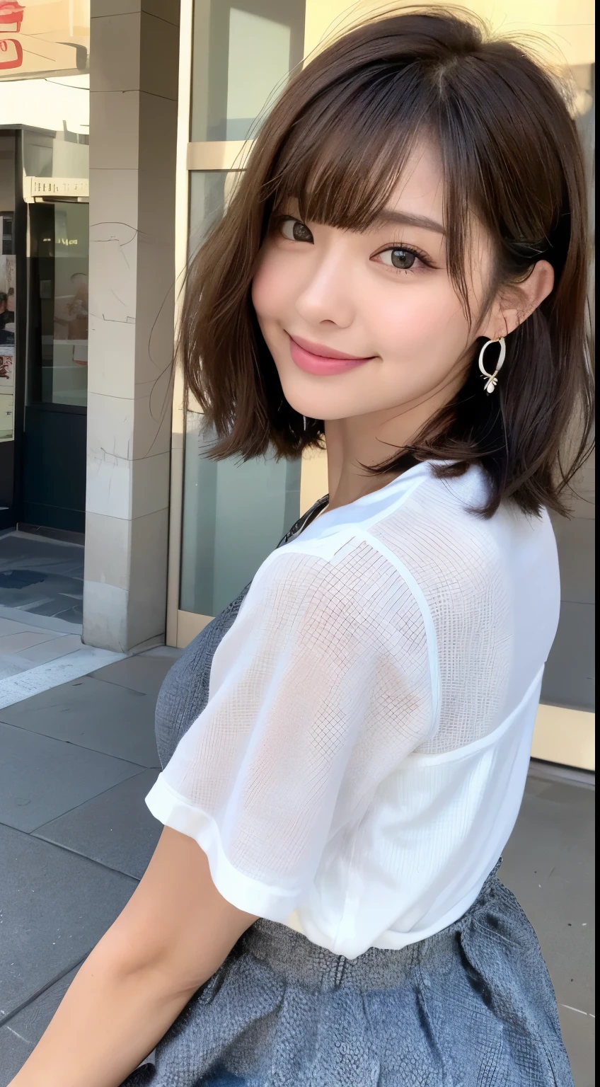 (8K、Raw photography、top-quality、masuter piece:1.2)、ultra-detailliert、ultra res、(realisitic、rialistic photo:1.37)、portlate、high-definition RAW color photography、Professional Photography、highly detailed and beautiful、ighly detailed、8K Picture Wallpaper、amazing detailed、huge filesize、Official art、Highly detailed CG Unity 8K wallpapers、highly detailed beautiful girl、extra detailed face、extremely detailed eye、highlydetailed skin、extremely detailed fingers、highly detailed nose、very detailed detailed mouth、Perfect Anatomy、highly detailed back ground、Highly detailed clothing、1 girl、(18:1.2)、Teen、Cute s、famous Japan idol、cute little、Realistic body、、de pele branca、glistning skin、Slim body、Handsome body、brown haired、short constricted curly hair、(Blunt bangs:1.2)、A smile、kawaii、zora々Right、kawaii faces、Lifelike face、Delicat eyes、Sauce order、White T-shirt、skirt by the、earrings、Looking at the camera、cowboy shot、front facing、Standing、Contrapo, high street, public, Dynamic Lighting,short-hair、bobhair、shorth hair