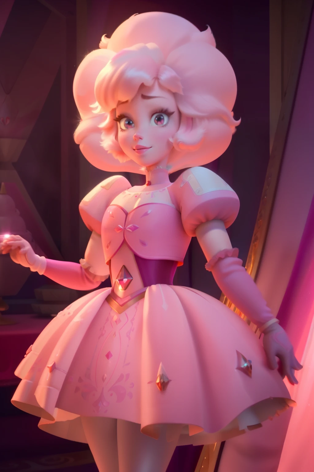 pnkdamond, pink hair, pink eyes,  big hair,  stomach gem,  pink skin,  toned, 
puffy short sleeves, elbow gloves ,  white thighhighs,   puffy dress, 
standing, upper body, 
 outerspace,  
(insanely detailed, beautiful detailed face,beautiful detailed eyes, masterpiece, best quality) cinematic lighting,  smile, 
 
