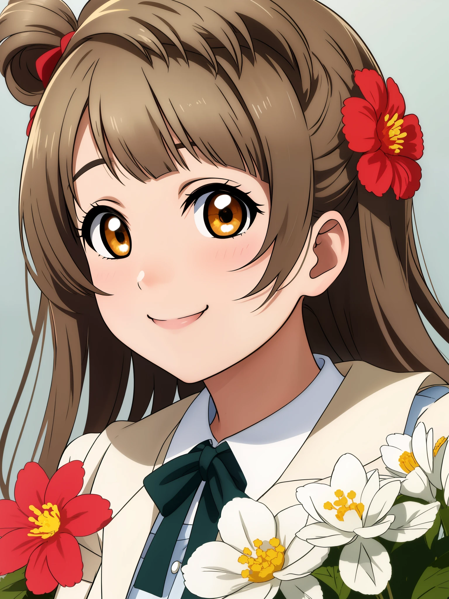 Masterpiece, best quality, (detailed face),solo, minami kotori, smile, upper_body, flower, closed mouth