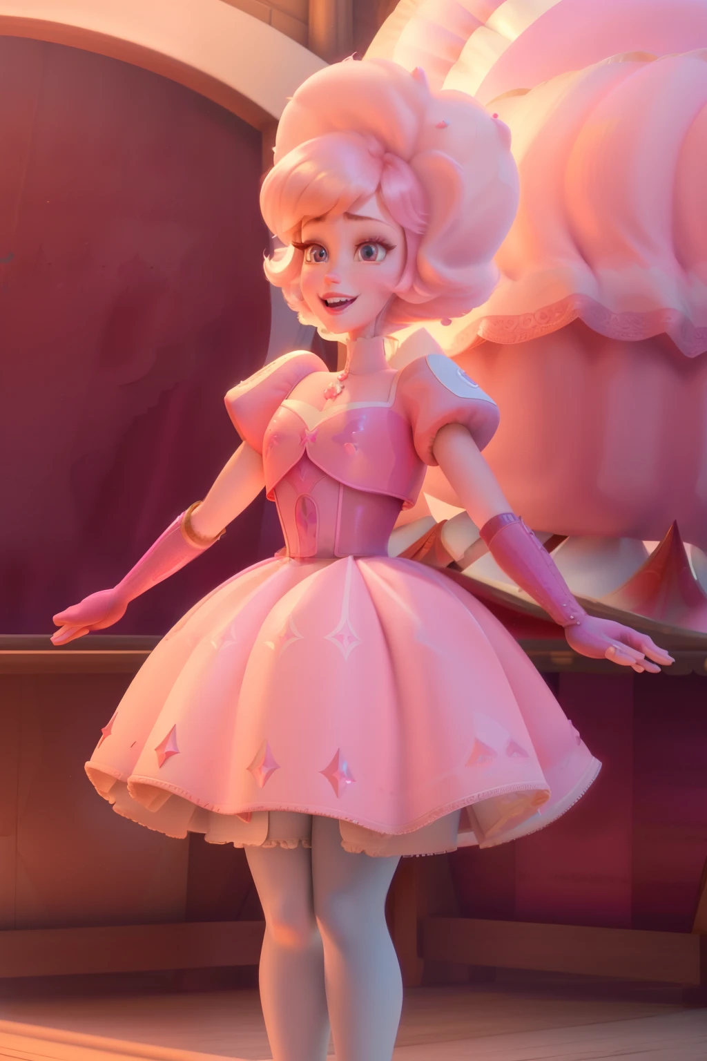 pnkdamond, pink hair, pink eyes, big hair, stomach gem, pink skin, toned,
puffy short sleeves, elbow gloves , white thighhighs, puffy dress,
standing, upper body,
outerspace,
(insanely detailed, beautiful detailed face,beautiful detailed eyes, masterpiece, best quality) cinematic lighting, smile,