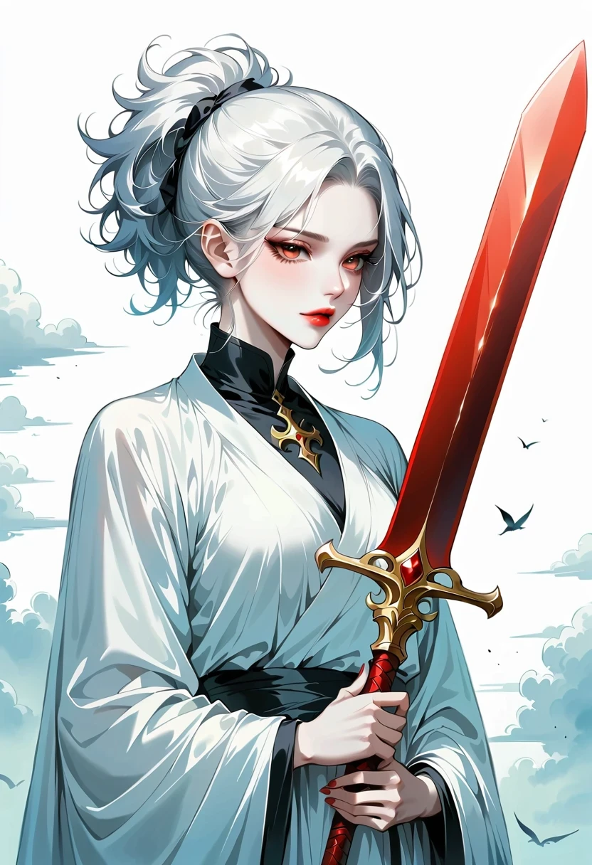 Girl with a sword,Simple lines,Minimalism,Abstract Art,Holding a red long sword,