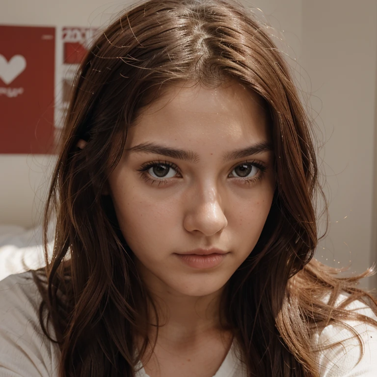 Create a 17 year old girl, que tenga un cabello peli rojo bastante llamativo y ondulado una tes de piel claro y unos ojos perdidos en algun punto desconcertada