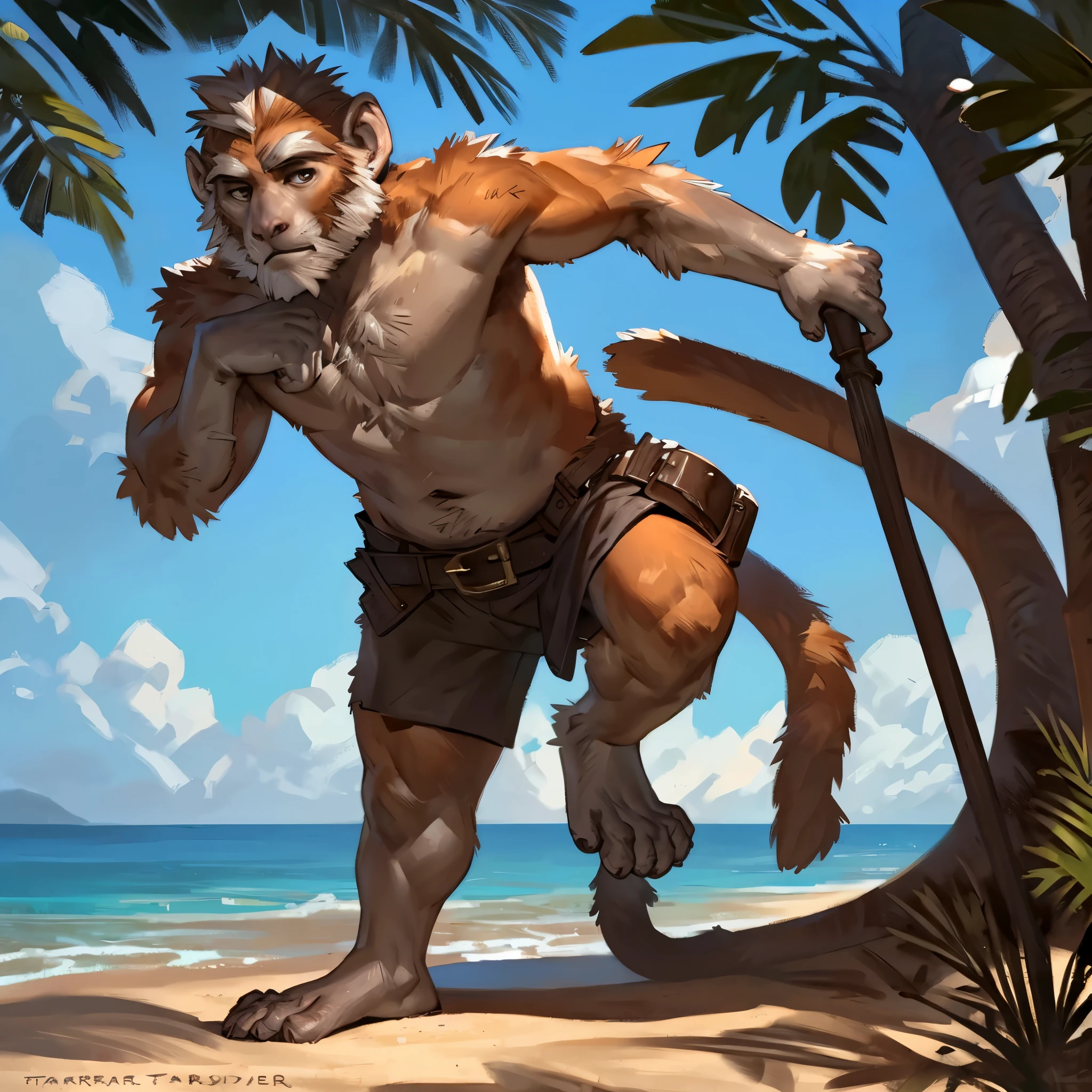 (by Taran Fiddler), Patas Monkey, solo, feral monkey, male, grandpa, old, big belt, lose belt, chunky belt, naked, holding trident, ocean, beach, trees, sand, small, short legs, skinny body, femboy, white mustache, thick eyebrows, monkey feet, monkey tail, grey skin, orange fur, white fur, feral animal, seductive, bedroom eyes, relaxed