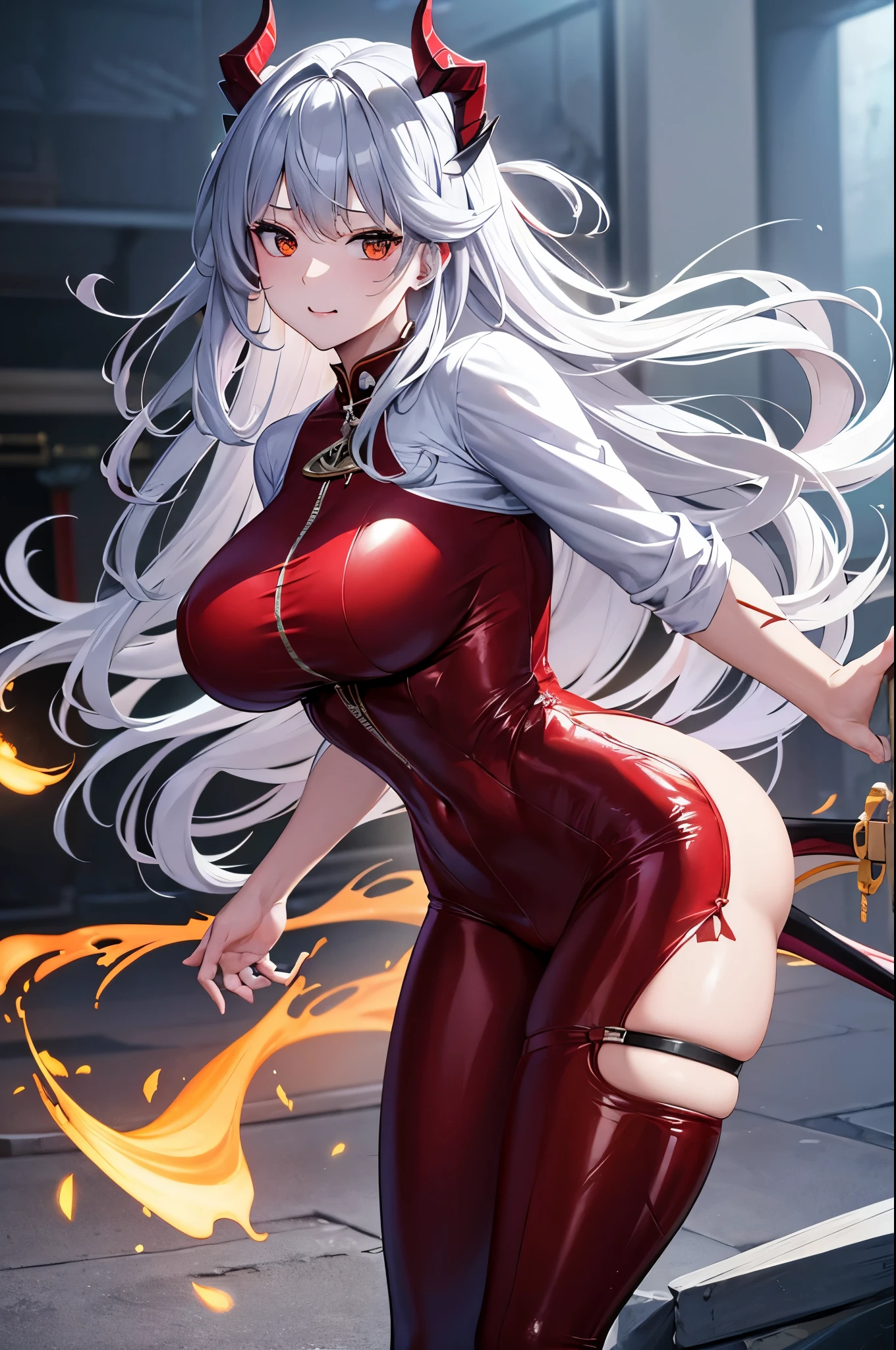 8k、豪華なWhite shirt,Red and silver jacketを身に着けた妖艶なサキュバス.,so beautiful(Like the real thing)、gorgeous red and black pants,Women of Araphedo、Beautiful wavy silver hair、big breasts、5d cgi anime Fantasy artwork、Fan Art Mayo Art Station、デジタルFantasy art)、Big blow Loss Draw、壮大なFantasy artスタイル、Beautiful Succubus、charm、Beautiful fangs、Looking at the audience、Captivating Gaze、masterpiece,masterpiece,Photorealistic RAW photos of the highest quality。Bright colors,Rich colors, Backlight, Cinema Lighting, Film Grain, 50mm lens, Nikon D850,Realistic Skin,Fantasy art,Character Art,Ultra-high resolution,Realistic scale skins,Goddess of Evil,Horns of the Evil God,A muscular and slender macho man,Golden Eyes(Golden Glitter Effect),My abdominal muscles are severely torn(超Realistic Skin),smile,White shirt,Red and silver jacket,Dynamic action poses,Grim expression,karate,Battle Scenes,battlefield,