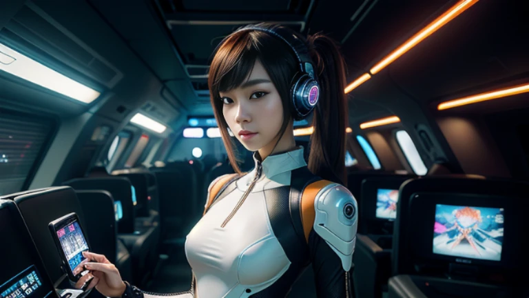 ((highest quality)), ((masterpiece)), ((Realistic)),((Cinema lighting)),looking at the camera,High Contrast, 19 year old Japanese female model,((Beautiful female android)), Shoulder-length hair,Headphones,(Red Neon),(cyber punkの背景), 笑face,((非常にdetailedな目)),Very detailed glowing eyes, ((thin)) ,Rubber bodysuit, ( White one piece swimsuit ) ((sexy )) ,Slender figure,textured pixie haircut (((detailedなキャラクターシート, Front view, ~ side面図, 3/4 Views))) (((cyber punkの背景))) Six and a half whole bodies,4K,UltraSharp,Multiple Views of the same character,Charterner v2, One girl, Slender figure, (Headphones),Brown Hair, Long Hair, Orange eyes, Same clothes, Concept Art, detailed_face, line_sketch, plan, Official Art, Official Alternative Costumes, Design style, multi style, detailed character, 4_~ side, original, 8K GC, massive detailed, Multiple Views of the same character, character, technical illustration, Multiple Views,masterpiece,highest quality(masterpiece, highest quality), 32k,(非常にdetailedな美しい女性), Future Anime,The ultimate map,highlight,Headphones,Very detailed glowing eyes,Cleavage,Complex patterns,Stylish hairstyle,fluorescence((White clothes)),cyber punk