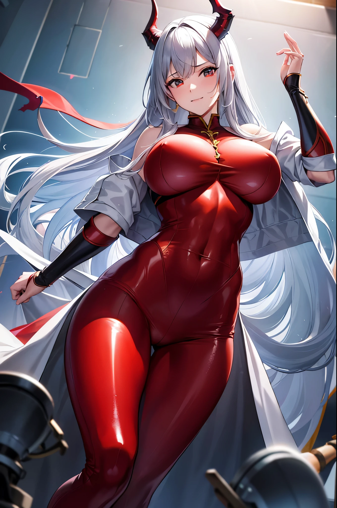 8k、豪華なWhite shirt,Red and silver jacketを身に着けた妖艶なサキュバス.,so beautiful(Like the real thing)、gorgeous red and black pants,Women of Araphedo、Beautiful wavy silver hair、big breasts、5d cgi anime Fantasy artwork、Fan Art Mayo Art Station、デジタルFantasy art)、Big blow Loss Draw、壮大なFantasy artスタイル、Beautiful Succubus、charm、Beautiful fangs、Looking at the audience、Captivating Gaze、masterpiece,masterpiece,Photorealistic RAW photos of the highest quality。Bright colors,Rich colors, Backlight, Cinema Lighting, Film Grain, 50mm lens, Nikon D850,Realistic Skin,Fantasy art,Character Art,Ultra-high resolution,Realistic scale skins,Goddess of Evil,Horns of the Evil God,A muscular and slender macho man,Golden Eyes(Golden Glitter Effect),My abdominal muscles are severely torn(超Realistic Skin),smile,White shirt,Red and silver jacket,Dynamic action poses,Grim expression,karate,Battle Scenes,battlefield,