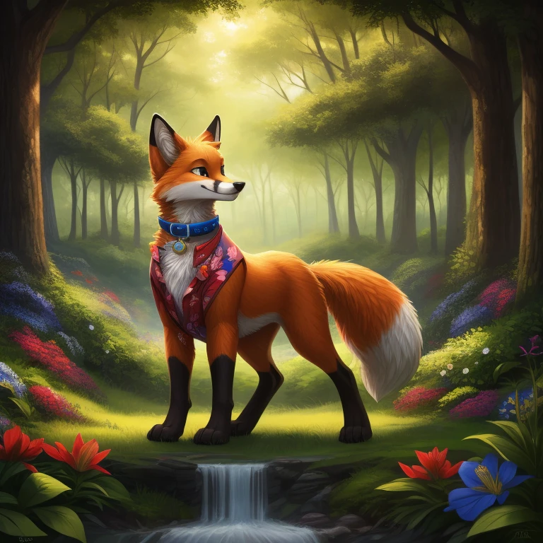 A majestic fox, clad in a flowered shirt adorned with vibrant French motifs, stands proudly amidst the lush greenery of a serene forest. The background reveals a picturesque scene of the French flag fluttering gently in the breeze, framed by the dense foliage of the forest. Every detail of the furry creature is meticulously rendered, from the intricately designed collar of its shirt to the expressive, slight smile gracing its face. The forest, adorned with life and color, complements the fox's charming presence, creating an enchanting, high-resolution scene that could easily be mistaken for a masterpiece by renowned