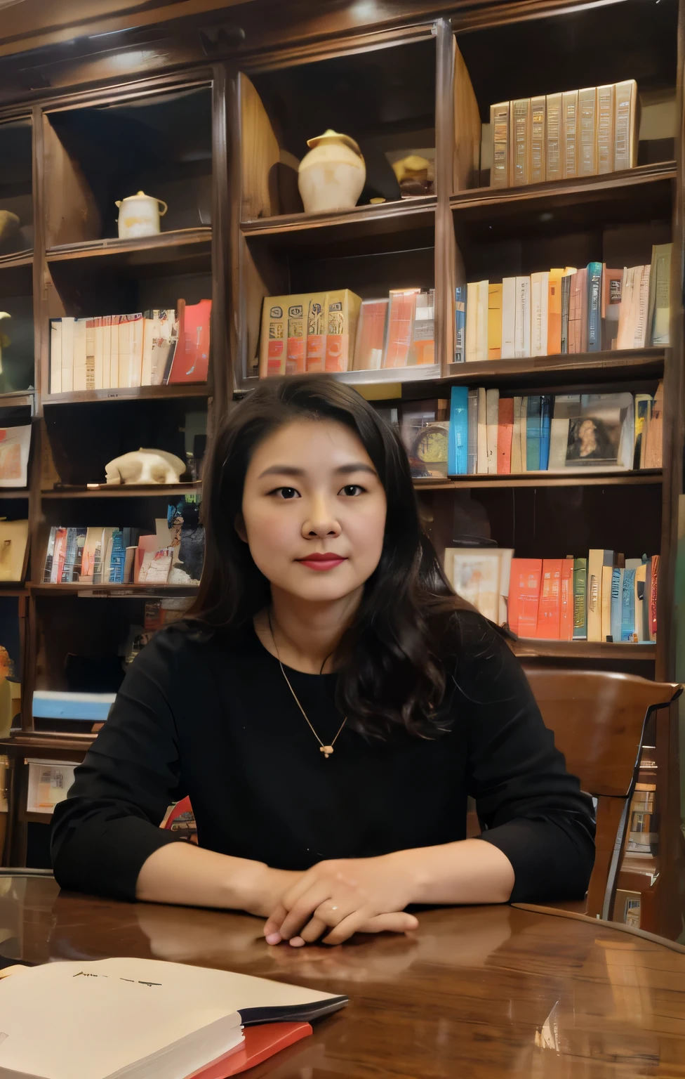 A woman sits at a table in front of a bookshelf filled with books, author li zhang, Jiyun Chae, Zheng Shangxiu, qiu fang, Cover photo: Portrait of Du Juan, pengzhen zhang, louise zhang, song nan li, xiaofan zhang, mingchen shen, yun ling, wei wang, mei-ling zhou, zhelong xu