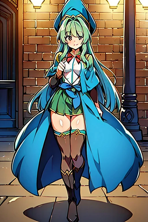girl, green long hair, discreet outfits, blue fantasy clothes, small breasts, magician, cloak, blue witch hat, brown leather boots, short skirt red ribbon around the waist.