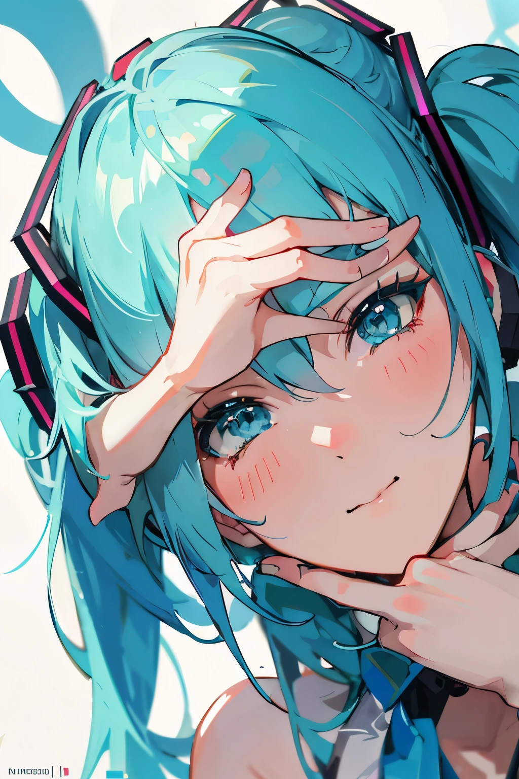 animado girl with blue hair and headphones covering her eyes, mikudayo, Hatsune Miku portrait, portrait of Hatsune Miku, Hatsune Miku face, animado style 4k, animado girl with teal hair, Hatsune Miku, vocaloid, miku, animado! 4k, animado! 4k, Hatsune Miku short hair, animado wallpaper 4k