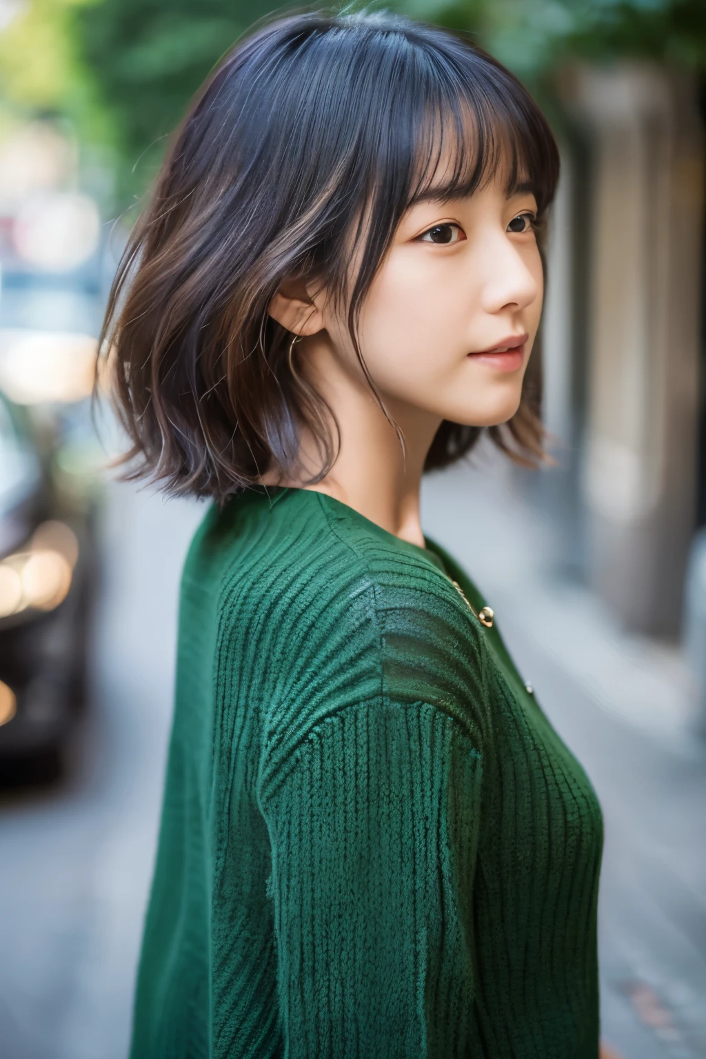 ((top-quality、in 8K、​masterpiece:1.3))、sharp focus:1.2、Beautiful woman perfect body:1.4、Slim abs:1.2、((short-hair、straight haired:1.2))、(Dark green knitwear、denim:1.1)、(Sateen、a street:1.2)、wetbody:1.5、Three-dimensional texture、A detailed eye、Brown hair、Very shiny hair、posterior view、Hair quality improvement