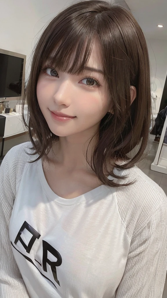 masterpiece, highest quality, highest quality, Ultra-high resolution, Ultra-high resolution, RAW Photos, Very detailed, Beautiful eyes in every detail,One woman,21-year-old female, Anatomically correct, Textured skin, Realistic, photoRealistic, Award-winning photography, Depth of written boundary, Cinematic lighting, Natural light, brown hair, Thick bangs, curly, Shiny Hair, A smile that shows off white teeth, T-Shirts, Jacket, In department stores,