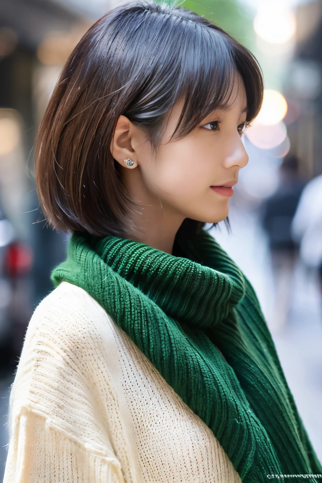 ((top-quality、in 8K、masterpiece:1.3))、sharp focus:1.2、Beautiful woman perfect body:1.4、Slim abs:1.2、((short-hair、straight haired:1.2))、(Dark green knitwear、denim:1.1)、(Sateen、a street:1.2)、wetbody:1.5、Three-dimensional texture、A detailed eye、Brown hair、Very shiny hair、posterior view、Hair quality improvement