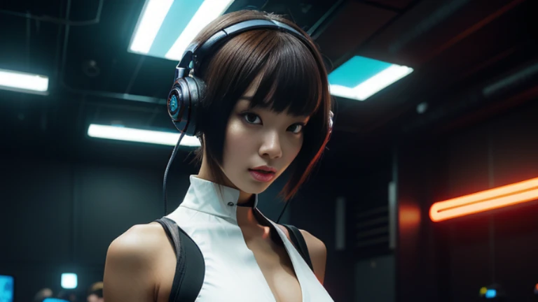 ((highest quality)), ((masterpiece)), ((Realistic)),((Cinema lighting)),looking at viewer,High Contrast, 19 year old Japanese female model,((Beautiful female android)), Shoulder-length hair,Headphones,(Red Neon),(cyber punkの背景), 笑face,((非常にdetailedな目)),Very detailed glowing eyes, ((thin)) ,Rubber bodysuit, ( White one piece swimsuit ) ((sexy )) ,Slender figure,textured pixie haircut (((detailedなキャラクターシート, Front view, ~ side面図, 3/4 Views))) (((cyber punkの背景))) Six and a half whole bodies,4K,UltraSharp,Multiple Views of the same character,Charterner v2, One girl, Slender figure, (Headphones),Brown Hair, Long Hair, Orange eyes, Same clothes, Concept Art, detailed_face, line_sketch, plan, Official Art, Official Alternative Costumes, Design style, multi style, detailed character, 4_~ side, original, 8K GC, massive detailed, Multiple Views of the same character, character, technical illustration, Multiple Views,masterpiece,highest quality(masterpiece, highest quality), 32k,(非常にdetailedな美しい女性), Future Anime,The ultimate map,highlight,Headphones,Very detailed glowing eyes,Cleavage,Complex patterns,Stylish hairstyle,fluorescence((White clothes)),cyber punk