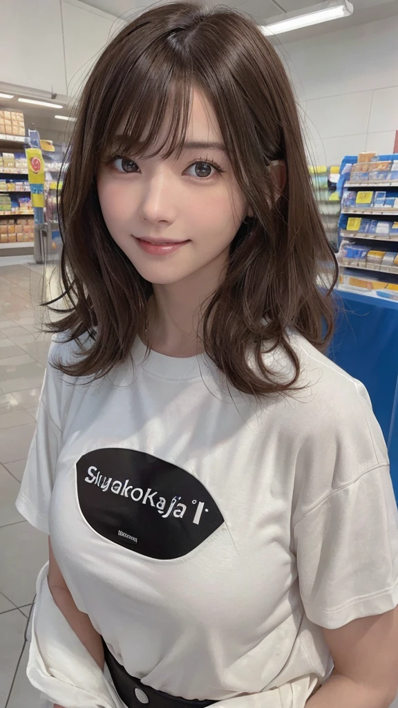 masterpiece, highest quality,  highest quality, Ultra-high resolution, Ultra-high resolution, RAW Photos, Very detailed, Beautiful eyes in every detail,One woman,21-year-old female, Anatomically correct, Textured skin, Realistic, photoRealistic, Award-winning photography, Depth of written boundary, Cinematic lighting, Natural light, brown hair, Thick bangs, curly, Shiny Hair, A smile that shows off white teeth, T-Shirts, Jacket, At the supermarket,