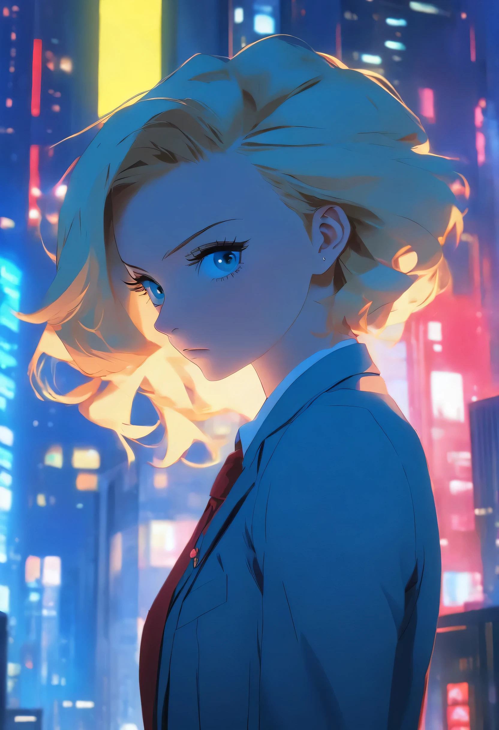 Craft a hyper-realistic image of a young professional woman with blonde hair and striking blue eyes, styled in a modern workwear ensemble. She stands inside a sleek, minimalist office space that boasts a panoramic window revealing a bustling cityscape at dusk. The office should reflect a contemporary aesthetic with high-tech elements and a subtle blend of cool tones. Her attire, consisting of a tailored blazer and a sophisticated blouse, epitomizes urban chic. The lighting is cinematic, focusing on highlighting her thoughtful expression as she gazes out the window, lost in contemplation. Emphasize exceptional detail, texture, and depth, akin to a digital masterpiece by an artist with a style similar to WLOP, aiming for a 4K resolution that brings every element to life with clarity and emotional depth