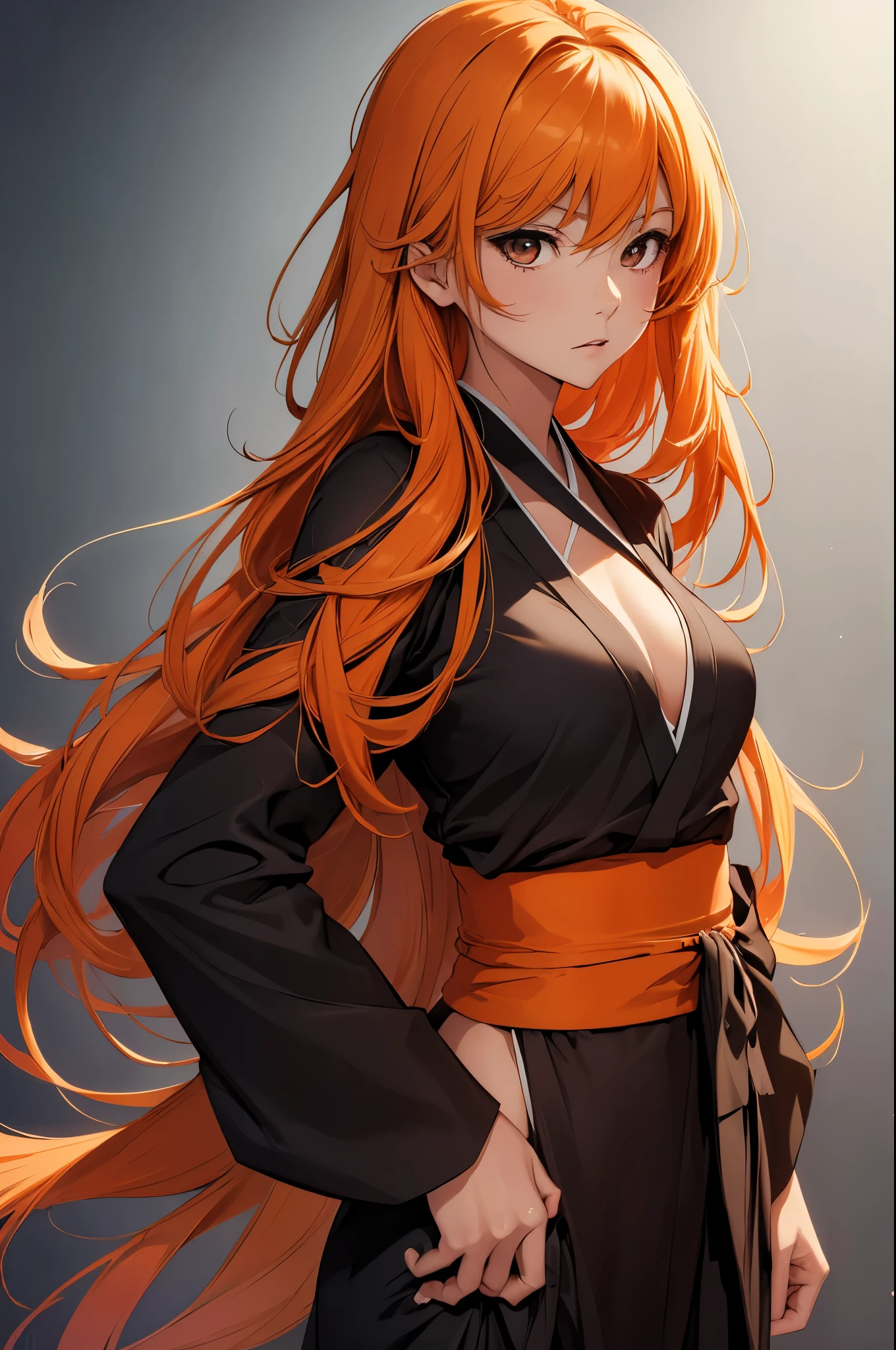 (masterpiece, best quality:1.2), expressive eyes, perfect face, highres, 1girl, solo, (female:1.5), kurosaki ichigo, long orange hair, brown eyes, japanese clothes, black kimono, standing, upper body, looking at viewer,