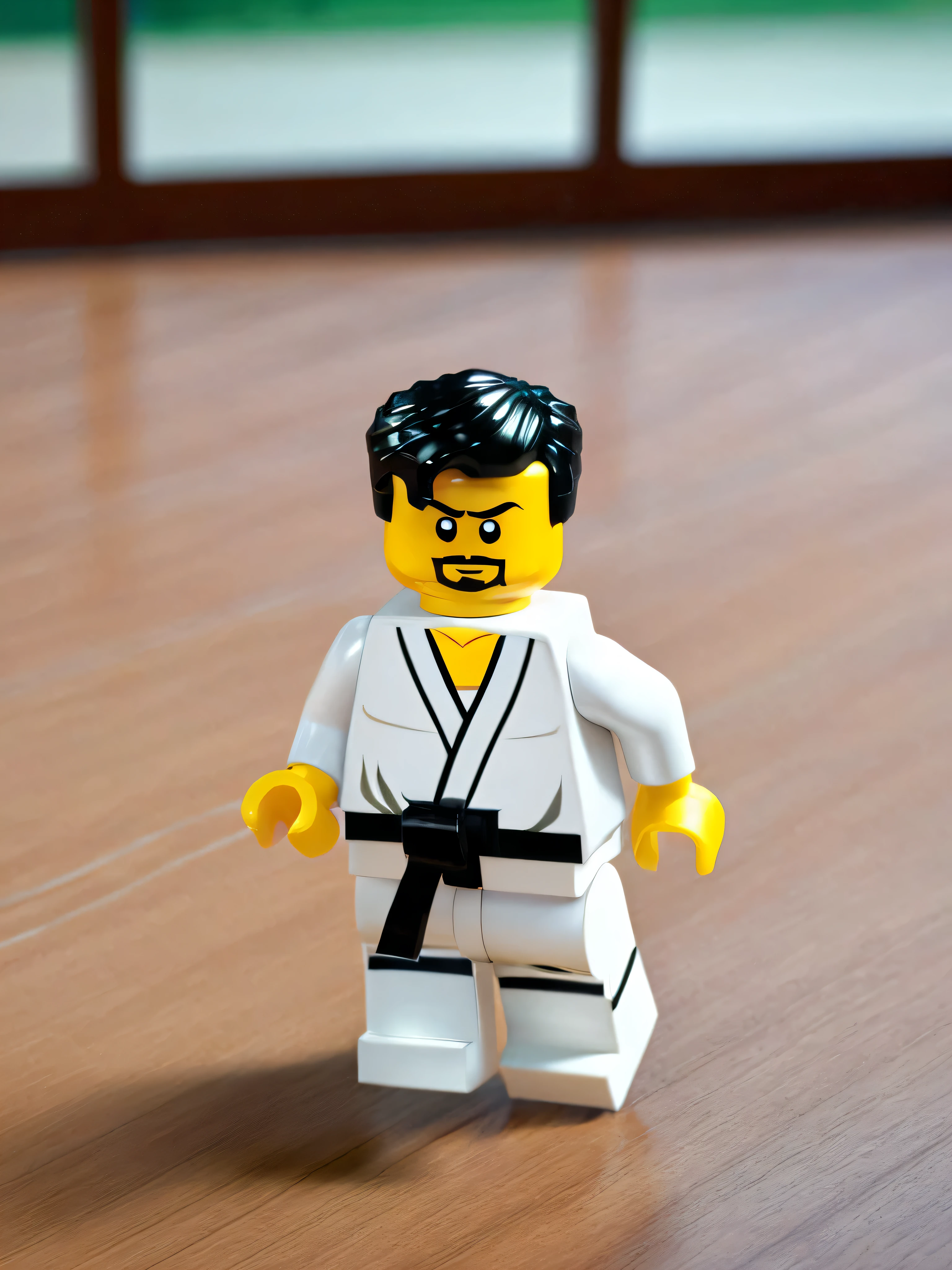 LEGO MiniFig,a photo of ( karateka man) in gym with parquet floor