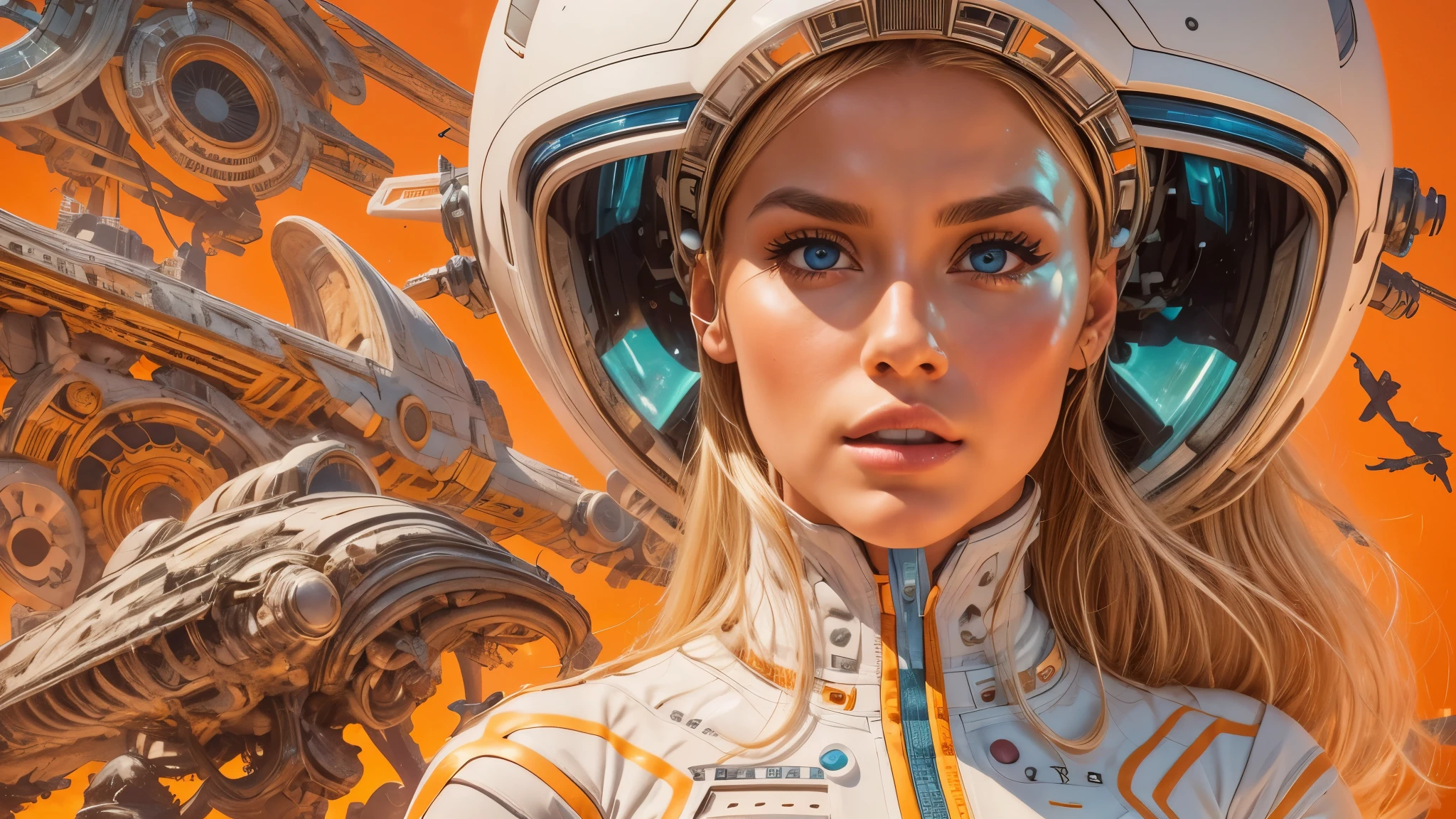 arafed image of a white woman in a futuristic suit with a spaceship in the background, movie art, in front of an orange background, inspired by Robert McGinnis, female protagonist, megastructure in the background, portrait of an ai astronaut, astronauts, an astronaut, portrait of a astronaut skeletor, perfect android girl, detailed eyes, perfectly detailed teeth, frank franzzeta and sakimichan