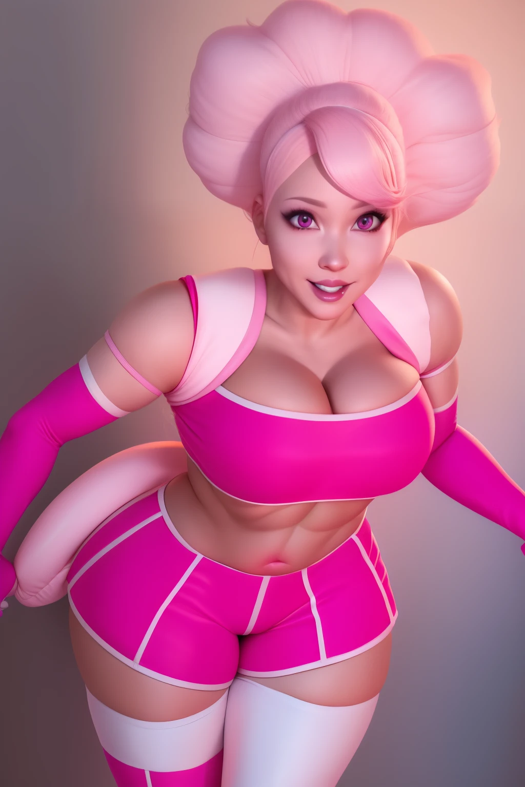 pnkdamond, pink hair, pink eyes, big hair, stomach gem, pink skin, toned,
puffy short sleeves, elbow gloves , white thighhighs, puffy dress,
standing, upper body,
outerspace,
(insanely detailed, beautiful detailed face,beautiful detailed eyes, masterpiece, best quality) cinematic lighting, smile,