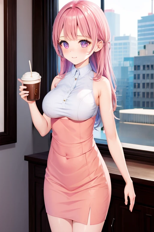 futanari, much bigger penis, starbucks, in cafe, election, hold a cup of coffee, cafe uniform, undrboob, naked