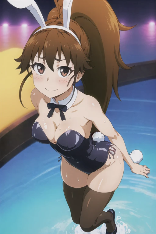 (masterpiece), (highest quality), (figure), (Very detailed), (High resolution), (8k), Perfect Anatomy, One Girl, Very large breasts, Big Breasts, ponytail, Long Hair, (brown hair), very cute girl, small, young, delicate, Attention to girls, she, smile, blush, Best moment, Junior and senior high school students, Eye color is brown, Bright Eyes, Vivid eyes, cute, Thighs, Thick legs, Waistline, Being spoiled, Innocent, i love you, Love Viewer, Beautiful Skin, Beautiful body, cute face, delicate arms, Innocent, Boyfriend's gaze, Vivid eyes, Neat, blush, Sensual, whole body, Seductive, Detailed skin texture, Intricate details, Very detailedな顔, Beautiful Eyes, Big Eyes, heart, The body is wet with water, Inviting, Showing off, Desire to monopolize, Quote, Emphasize the chest, Gorgeous, casino, slot, roulette, Bunny girl, Fake rabbit ears head dress,Love juice, Black tights, Beautifully shaped breasts,