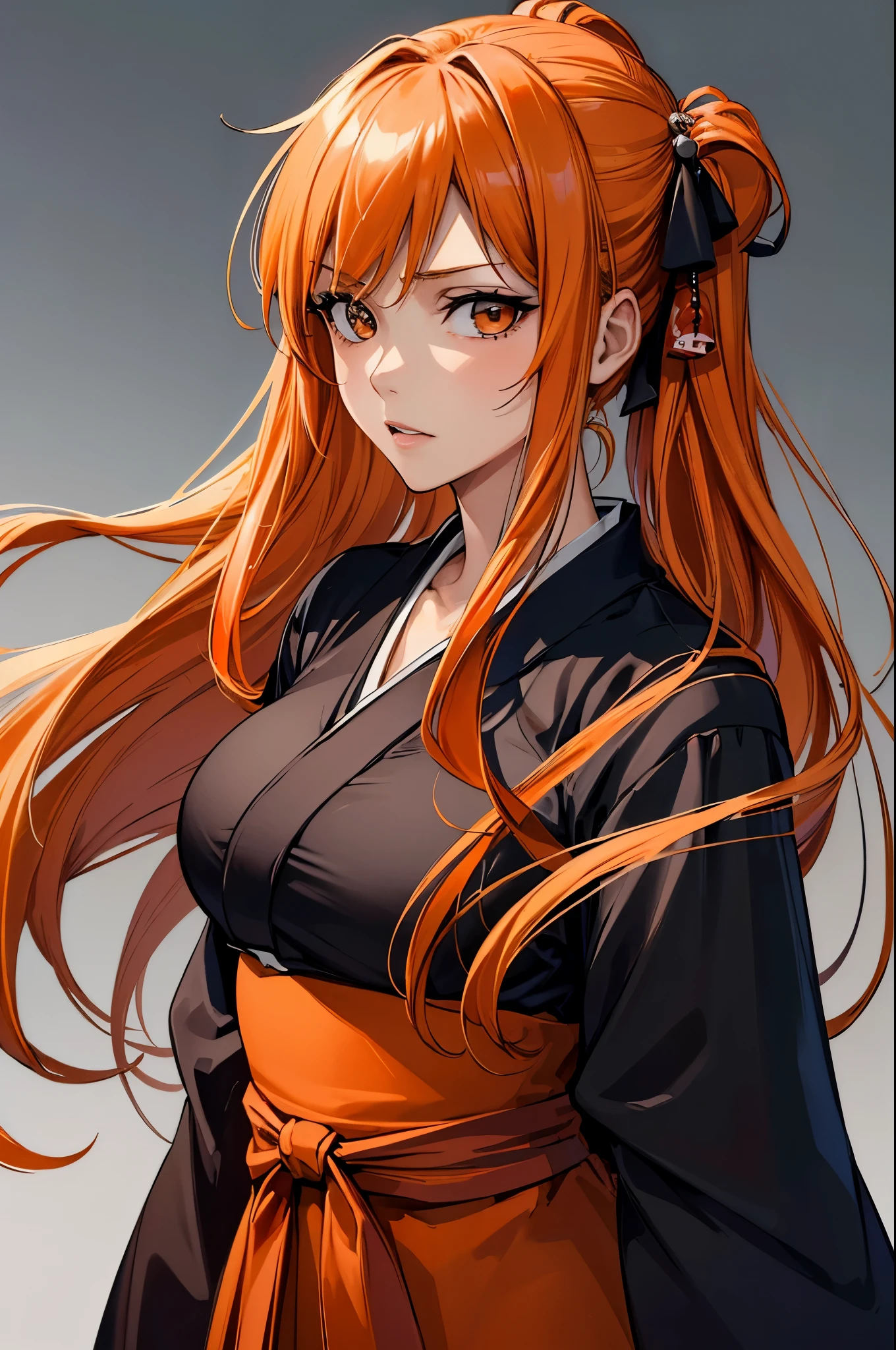 (masterpiece, best quality:1.2), expressive eyes, perfect face, highres, 1girl, solo, (female:1.5), kurosaki ichigo, long orange hair, brown eyes, japanese clothes, black kimono, standing, upper body, looking at viewer,
