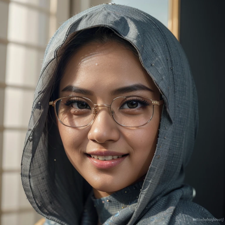 (best quality,4k,8k,highres,masterpiece:1.2),ultra-detailed,(realistic,photorealistic,photo-realistic:1.37),hijab malay girl, Mira filzah actress Malaysia face, wearing glasses, body,beautiful detailed eyes,beautiful detailed lips,extremely detailed eyes and face,long eyelashes,smiling,portrait,soft lighting,vivid colors