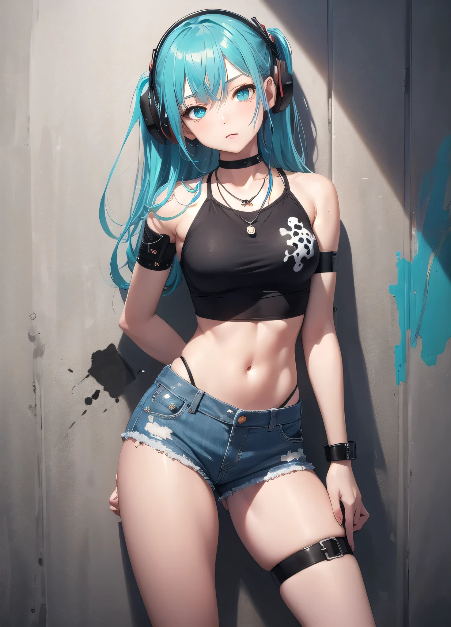 masterpiece, best quality, 1 Girl, Solitary, crop top, Denim shorts, Necklace, (doodle:1.5), Paint splatter, Put your hands behind your back, Against the wall, Looking at the audience, armband, Thigh straps, Physically clean, Head tilt, boring, Colorful hair, aqua eyes, earphone,