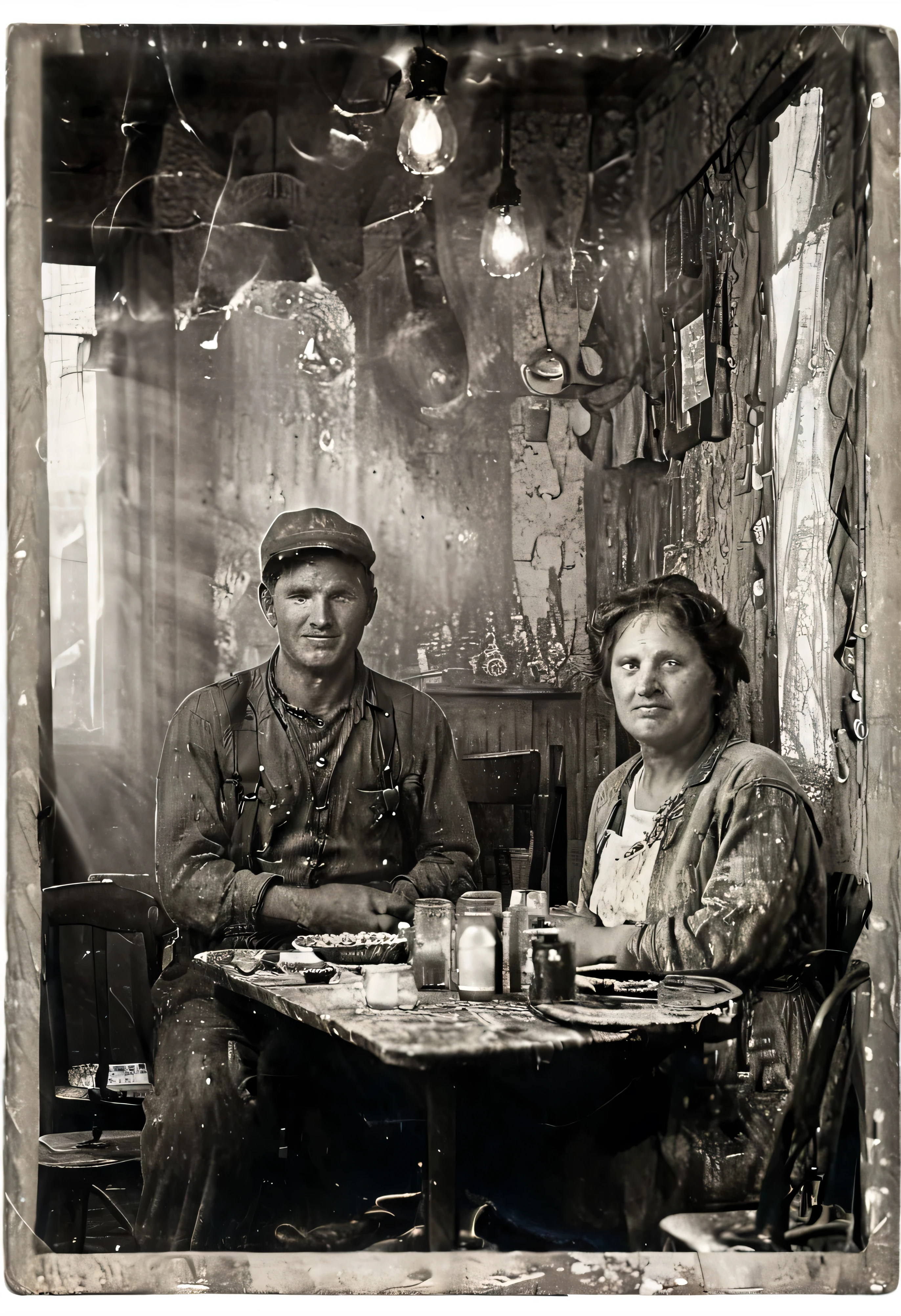 (((A miner at his evening meal with his wife))), ((( Worker class Laborer old and dirty outfit))) (((A small dining room with clothes hanging and torn wallpaper, old and faded.))) ((( Photorealistic in 1937),((Masterpeace photography))) , ((hard working man)), ((Miner appears so hungry and happy with the meal his wife cooked)) ((He did not wash up first.)) ((dust and dert on his face)), Professional lighting,Professional documentary photographer,Window lighting,Rimlight,warm and safe,happy time