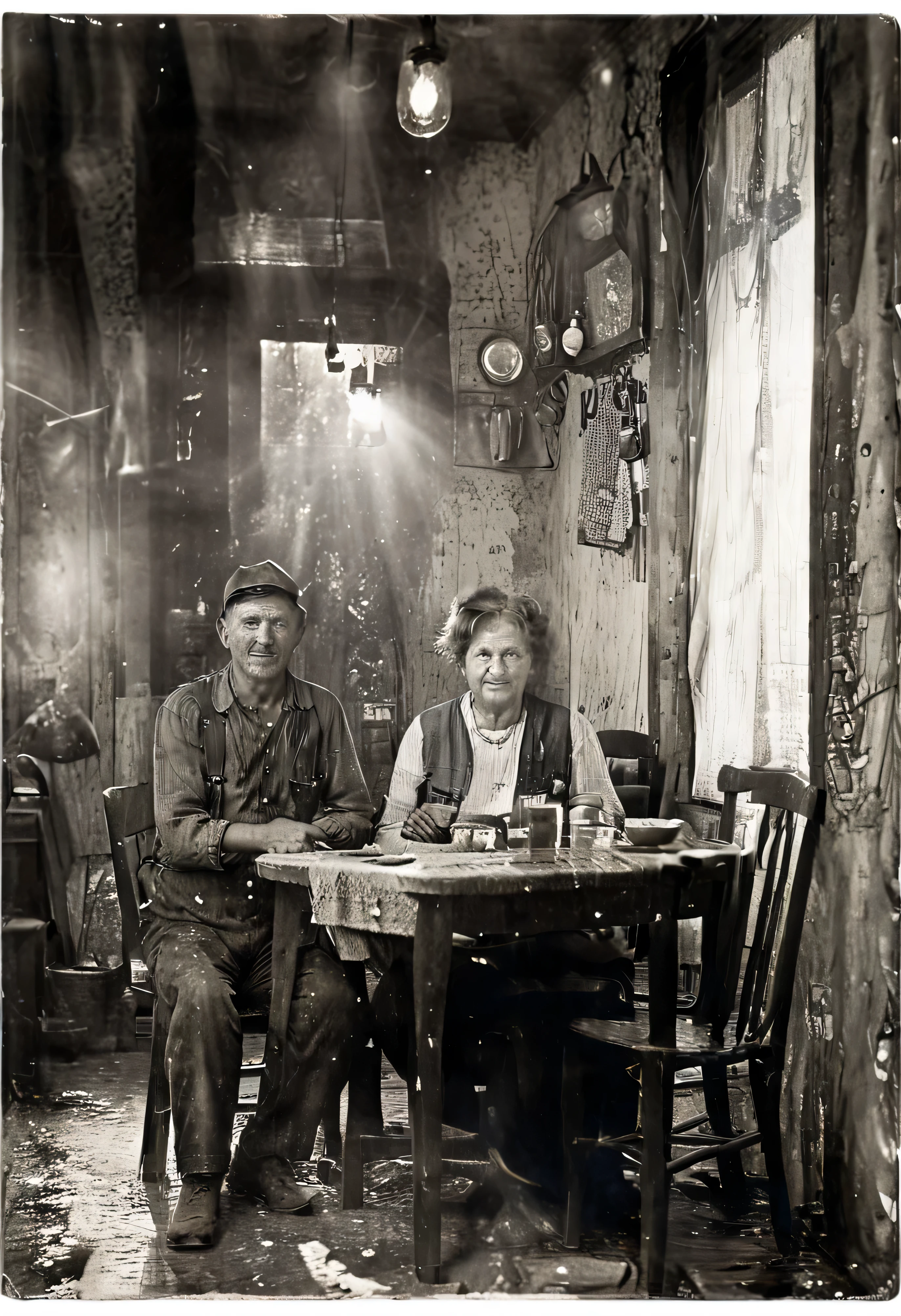 (((A miner at his evening meal with his wife))), ((( Worker class Laborer old and dirty outfit))) (((A small dining room with clothes hanging and torn wallpaper, old and faded.))) ((( Photorealistic in 1937),((Masterpeace photography))) , ((hard working man)), ((Miner appears so hungry and happy with the meal his wife cooked)) ((He did not wash up first.)) ((dust and dert on his face)), Professional lighting,Professional documentary photographer,Window lighting,Rimlight,warm and safe,happy time