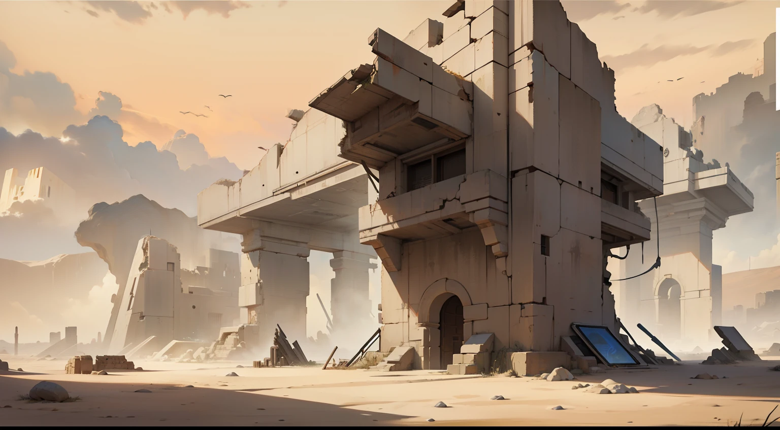 there is a photo of a building that is in the desert, futuristic ruins, motor irrealpintura digital, artes conceituaistyle, arte conceitual digital detalhada, Arte conceitual digital suave, Arte conceitual 2D, artes conceituais, senior concept artist, arte conceitual de pintura digital, estilo espartano, arte conceitual digital de alta qualidade, estilo de arte conceitual, brutalist science fiction