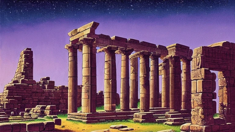Inspired by Jack Kirby's epic style. Make a scene: ancient ruins, Sumerian sculptures and ancient maps