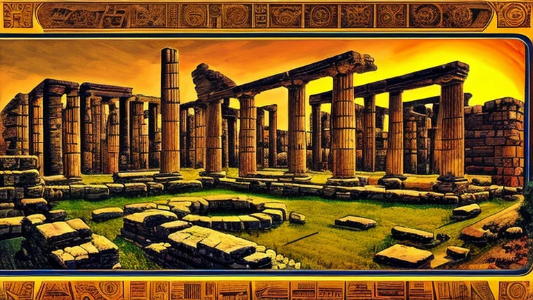 Inspired by Jack Kirby&#39;s epic style. Make a scene: ancient ruins, Sumerian sculptures and ancient maps