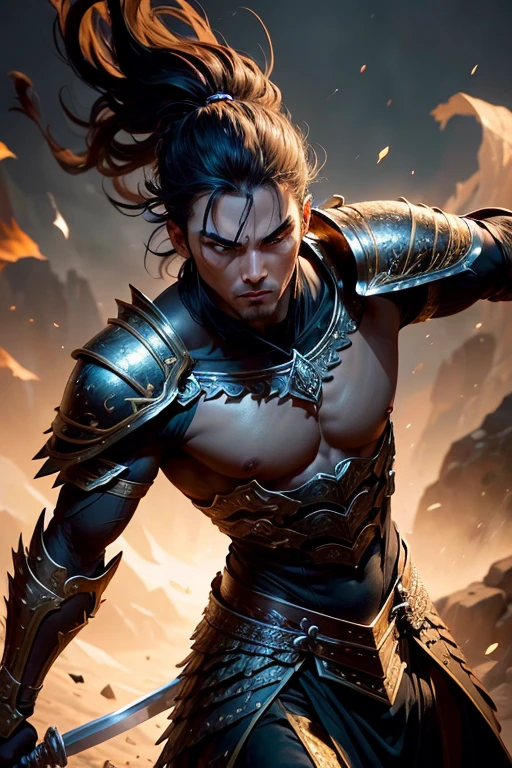 (a skilled swordsman),dramatic lighting,sharp focus,high contrast,oil painting,ancient battle scene,exquisite armor,detailed facial features,strong and muscular silhouette,fierce expression,atmospheric background,weaponry glinting in the light,fluid motion,striking pose,majestic presence,rich color palette,emphasis on textures,heroic and powerful,forceful strokes,masterpiece:1.2