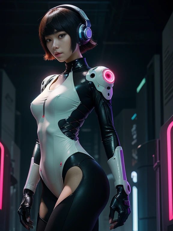 ((highest quality)), ((masterpiece)), ((Realistic)),((Cinema lighting)),angle from the front,looking at viewer,High Contrast, 19 year old Japanese female model,((Beautiful female android)), Shoulder-length hair,Headphones,(Red Neon),(cyber punkの背景), 笑face,((非常にdetailedな目)),Very detailed glowing eyes, ((thin)) ,Rubber bodysuit, ( White one piece swimsuit ) ((sexy )) ,Slender figure,textured pixie haircut (((detailedなキャラクターシート, Front view, ~ side面図, 3/4 Views))) (((cyber punkの背景))) Six and a half whole bodies,4K,UltraSharp,Multiple Views of the same character,Charterner v2, One girl, Slender figure, (Headphones),Brown Hair, Long Hair, Orange eyes, Same clothes, Concept Art, detailed_face, line_sketch, plan, Official Art, Official Alternative Costumes, Design style, multi style, detailed character, 4_~ side, original, 8K GC, massive detailed, Multiple Views of the same character, character, technical illustration, Multiple Views,masterpiece,highest quality(masterpiece, highest quality), 32k,(非常にdetailedな美しい女性), Future Anime,The ultimate map,highlight,Headphones,Very detailed glowing eyes,Cleavage,Complex patterns,Stylish hairstyle,fluorescence((White clothes)),cyber punk