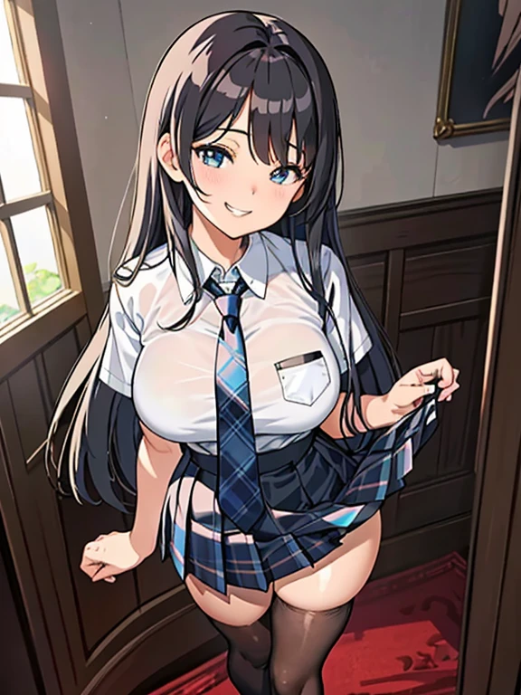 ((highest quality)), ((masterpiece)), (detailed), (Character Focus、breast focus,whole body), Anime 2D Rendering, Realistic young anime woman, Five Fingers, Perfect Face, Beautiful fine details, Beautiful body, Beautiful breasts, Beautiful thighs, ((big breasts))、Beautiful feet, (White beautiful skin), ****************、One Girl, Black Hair、(Long Hair), (Black Bra、Black Pants)、((Collared short-sleeved shirt, White shirt, Blue plaid pleated skirt, Blue tie))、(Black knee-high stockings、loafers), Wicked Smile、((Grin))、garden、She turns her face and body towards the viewer，A pretty face and a charming smile，Are standing、