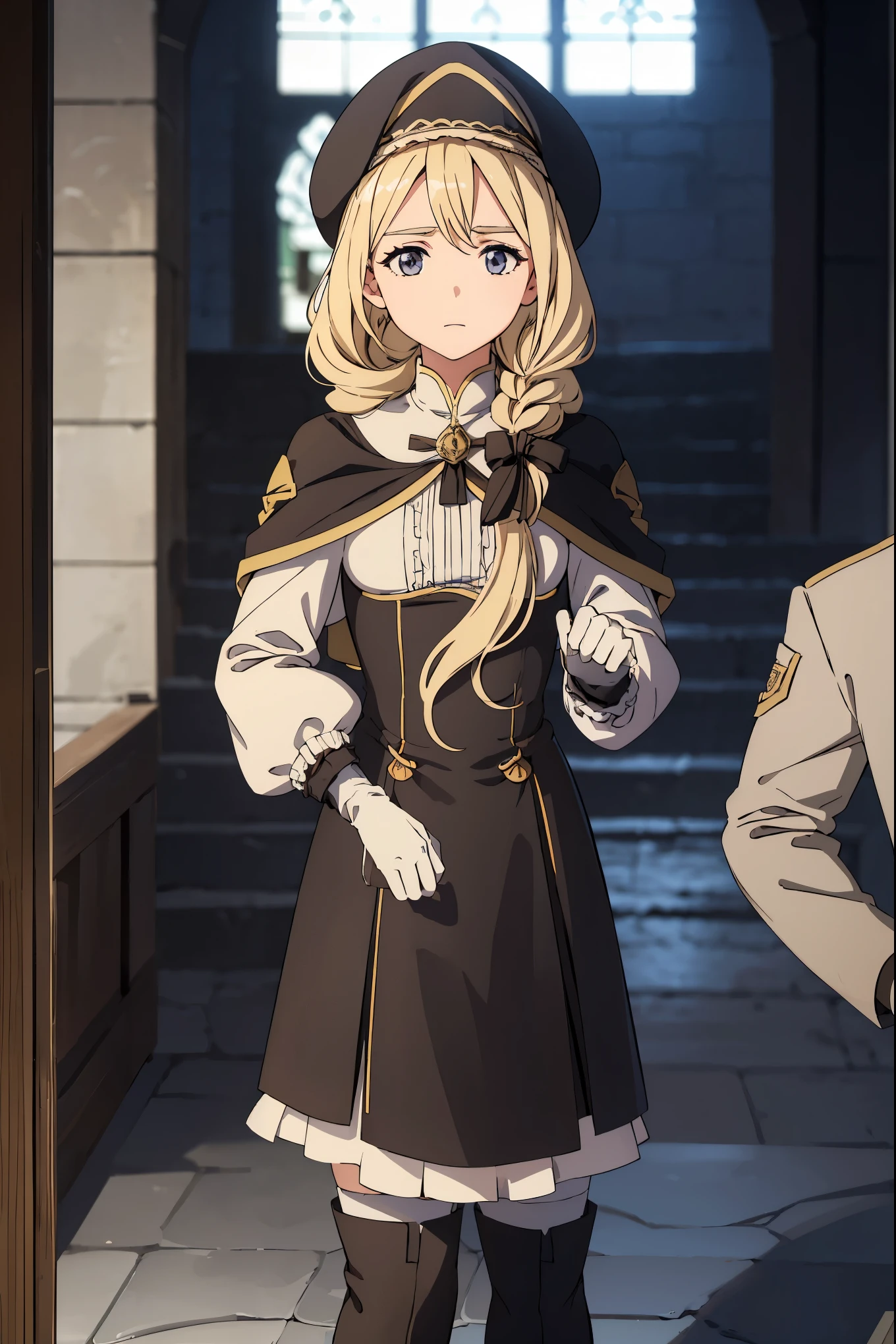 (masterpiece, flawless quality:1.2, anime style), 1girl, bright blonde hair, 1girl, solo, braid, brown eyes, loose hair, cleric dress, fur on dress, long sleeves, depressed, inside, church hall, small breasts, shy, bagged eyes, (medieval, at attention, facing viewer), cowboy shot, looking at viewer, facing viewer, gloves, braided ponytail, puffy skirt, (standing with hands folded), formal, (still hair), defMercedes, capelet, hair bow, white shirt, black skirt, blue leggings, boots, dress, frilled sleeves, frills, hat, white headwear, pelvic curtain, high heels, robe, thigh boots, thighhighs, white thighhighs, long sleeves, puffy sleeves, ophilia