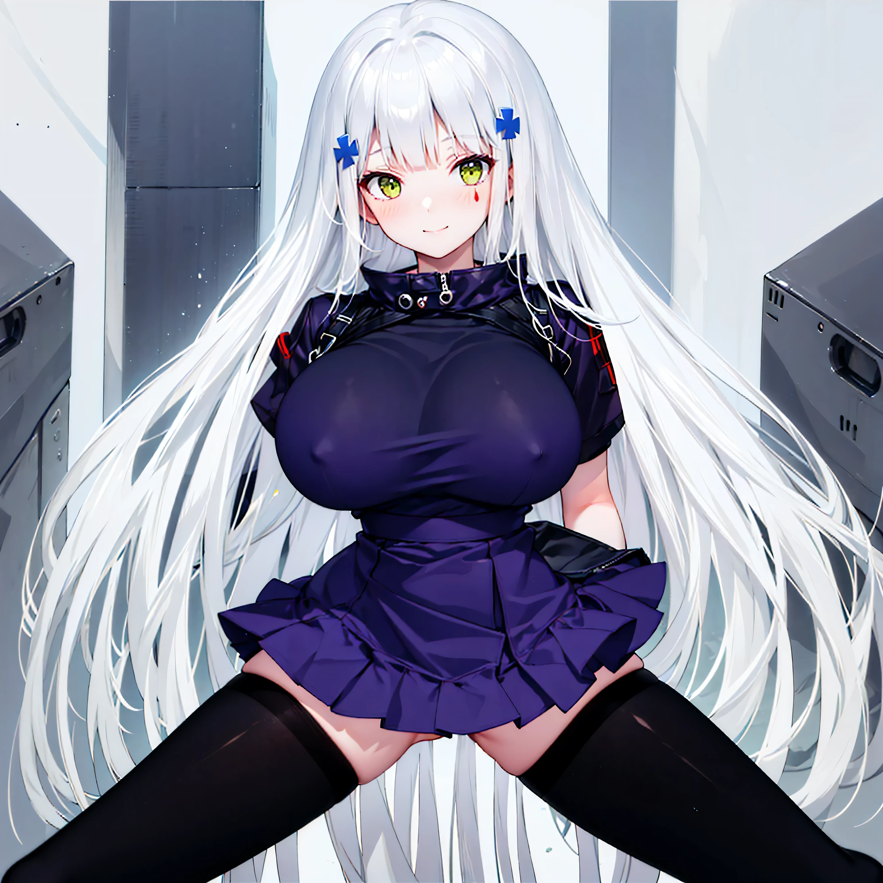 (solo), (416_GirlsFrontline), skinny girl, BREAK, (disproportionately huge breasts:1.4), bursting breasts, narrow shoulders, narrow waist, (skinny long legs), arms behind back, BREAK, (dark purple jacket), (very short high-waist skirt), thigh gap, (black thighhighs), BREAK, smile for viewer, embarrassed, nose blush, open legs, (nsfw:0.7), slipping white panty