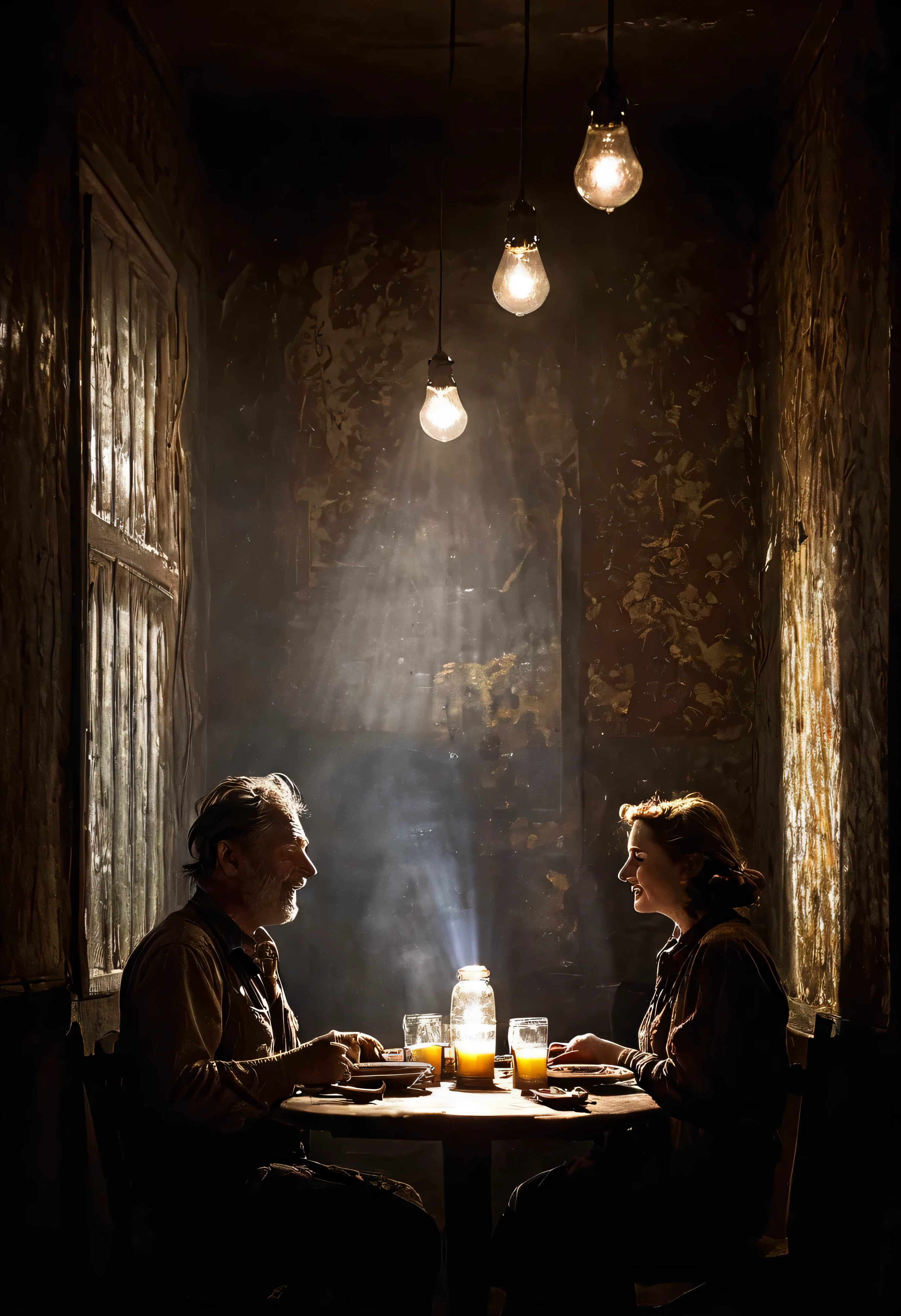 (((A miner at his evening meal with his wife))), ((( Worker class Laborer old and dirty outfit))) (((A small dining room with clothes hanging and torn wallpaper, old and faded.))) ((( Photorealistic in 1937),((Masterpeace photography))) , ((hard working man)), ((Miner appears so hungry and happy with the meal his wife cooked)) ((He did not wash up first.)) ((dust and dert on his face)), Professional lighting,Professional documentary photographer,Window lighting,Rimlight,warm and safe,happy time