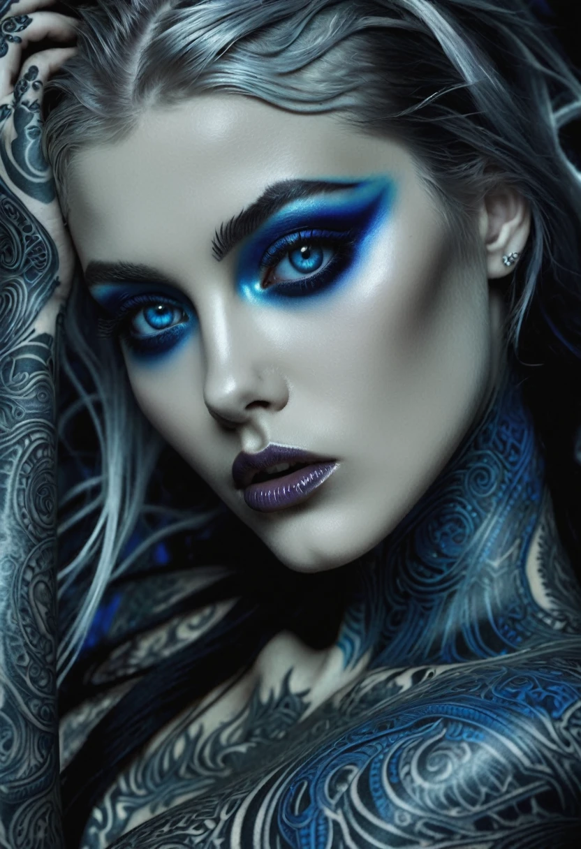 Hr giger tattooed sexy seductive dead girl. Sapphire eyes,full body view,