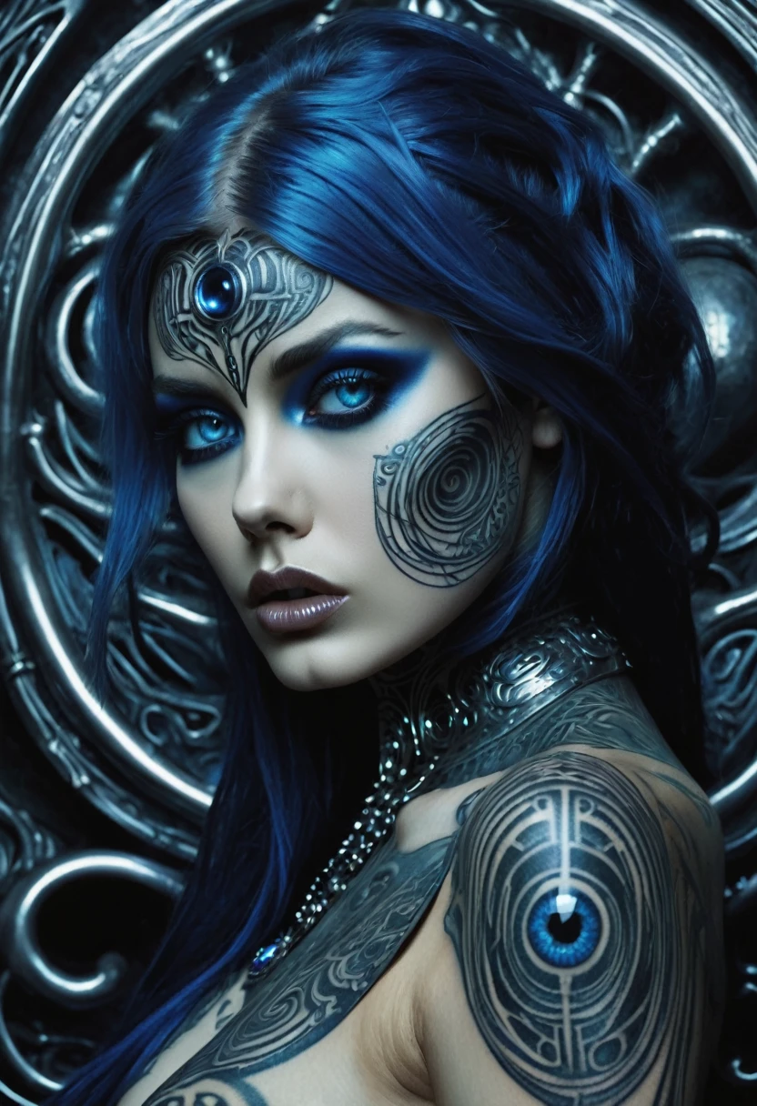 Hr giger tattooed sexy seductive dead girl. Sapphire blue eyes,