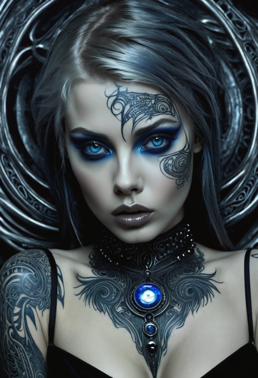 Hr giger tattooed sexy seductive dead girl. Sapphire blue eyes,