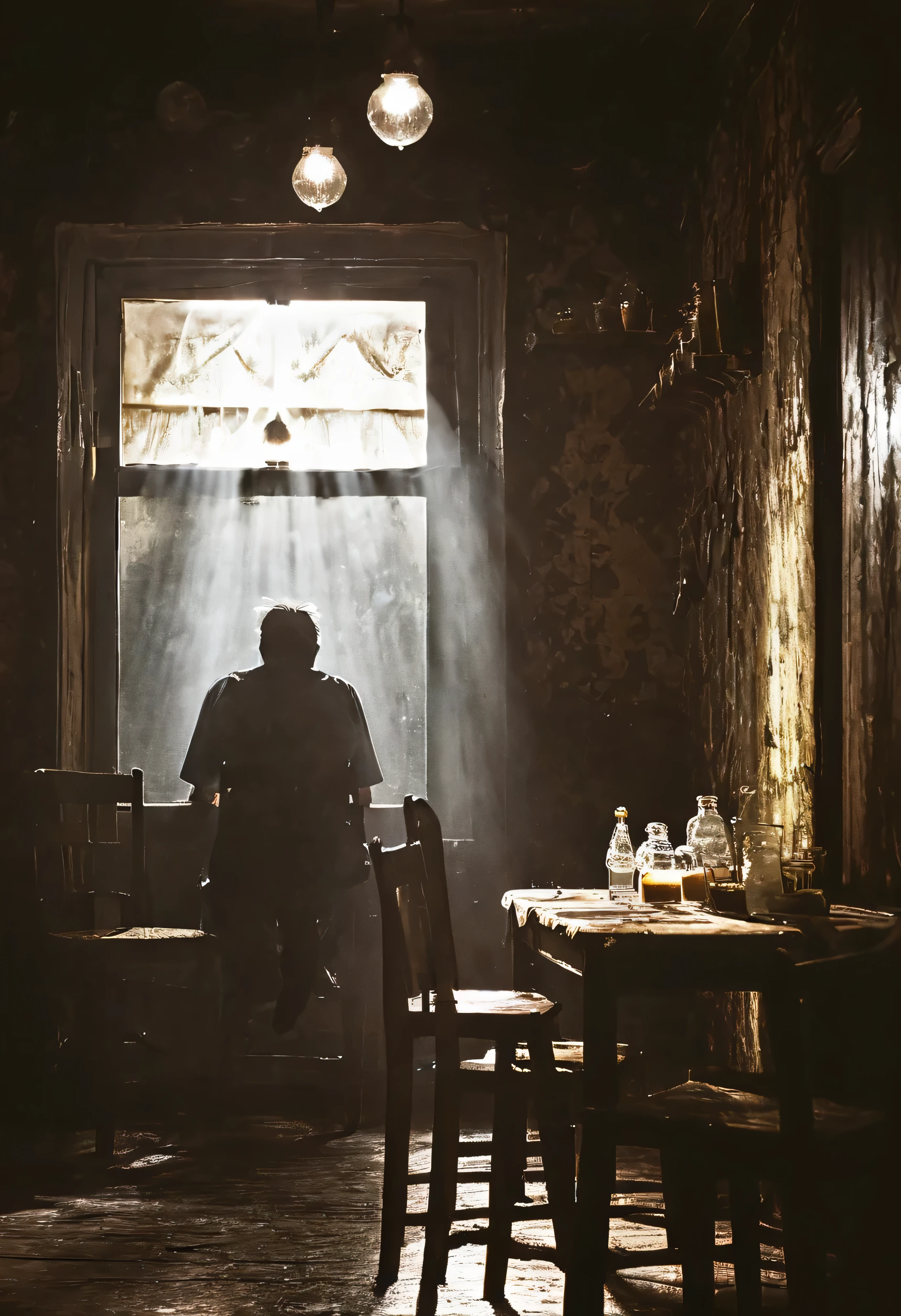 (((A miner at his evening meal with his wife))), ((( Worker class Laborer old and dirty outfit))) (((A small dining room with clothes hanging and torn wallpaper, old and faded.))) ((( Photorealistic in 1937),((Masterpeace photography))) , ((hard working man)), ((Miner appears so hungry and happy with the meal his wife cooked)) ((He did not wash up first.)) ((dust and dert on his face)), Professional lighting,Professional documentary photographer,Window lighting,Rimlight,warm and safe,happy time