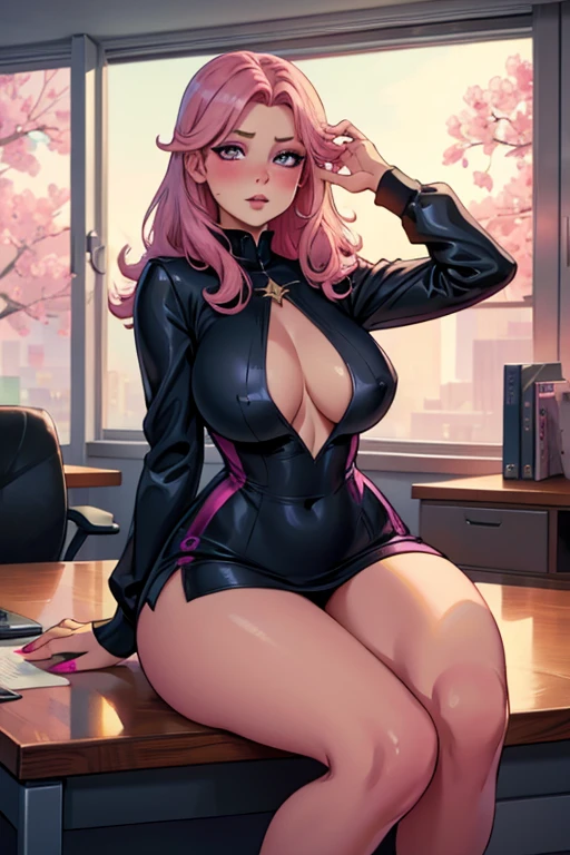 A pink haired woman with violet eyes in an hourglass figure in a sexy office outfit is sitting on the desk with a blush