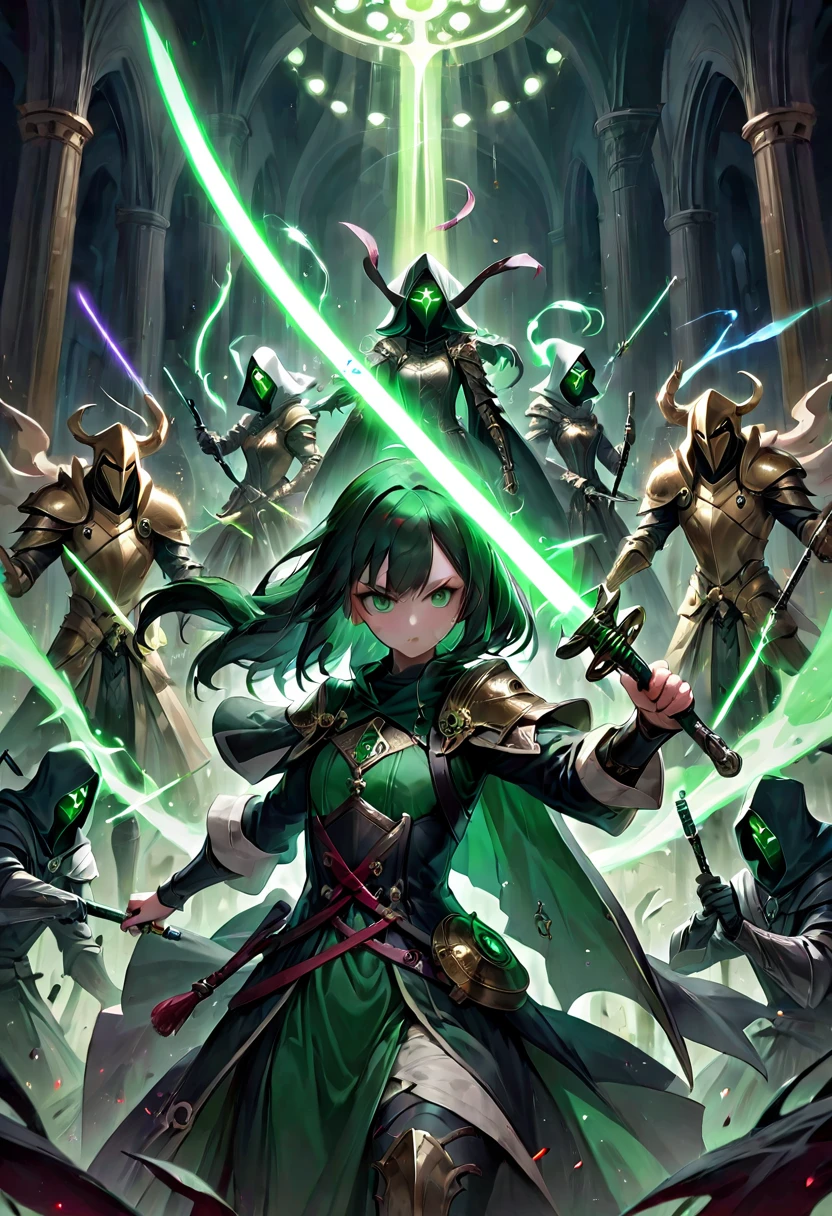 1girl, Swordsman, medieval plague doctors fighting plague infected abominations with dark green lightsabers holding them correctly like swords, green aura, Epic cinematic brilliant stunning intricate meticulously detailed dramatic atmospheric maximalist digital matte painting