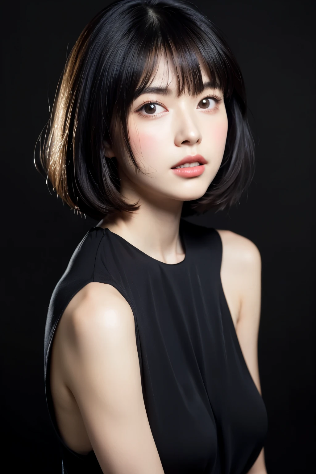 (masuter piece), realisticlying, photo realisti, One girl, solo,Beautiful face、Lifelike face、A dark-haired、short-hair、Beautiful hairstyle、cparted lips, real looking skin、Beautiful skins、enticing、Cute blouse、 The upper part of the body,A detailed,dark backgrounds,Back lighting、