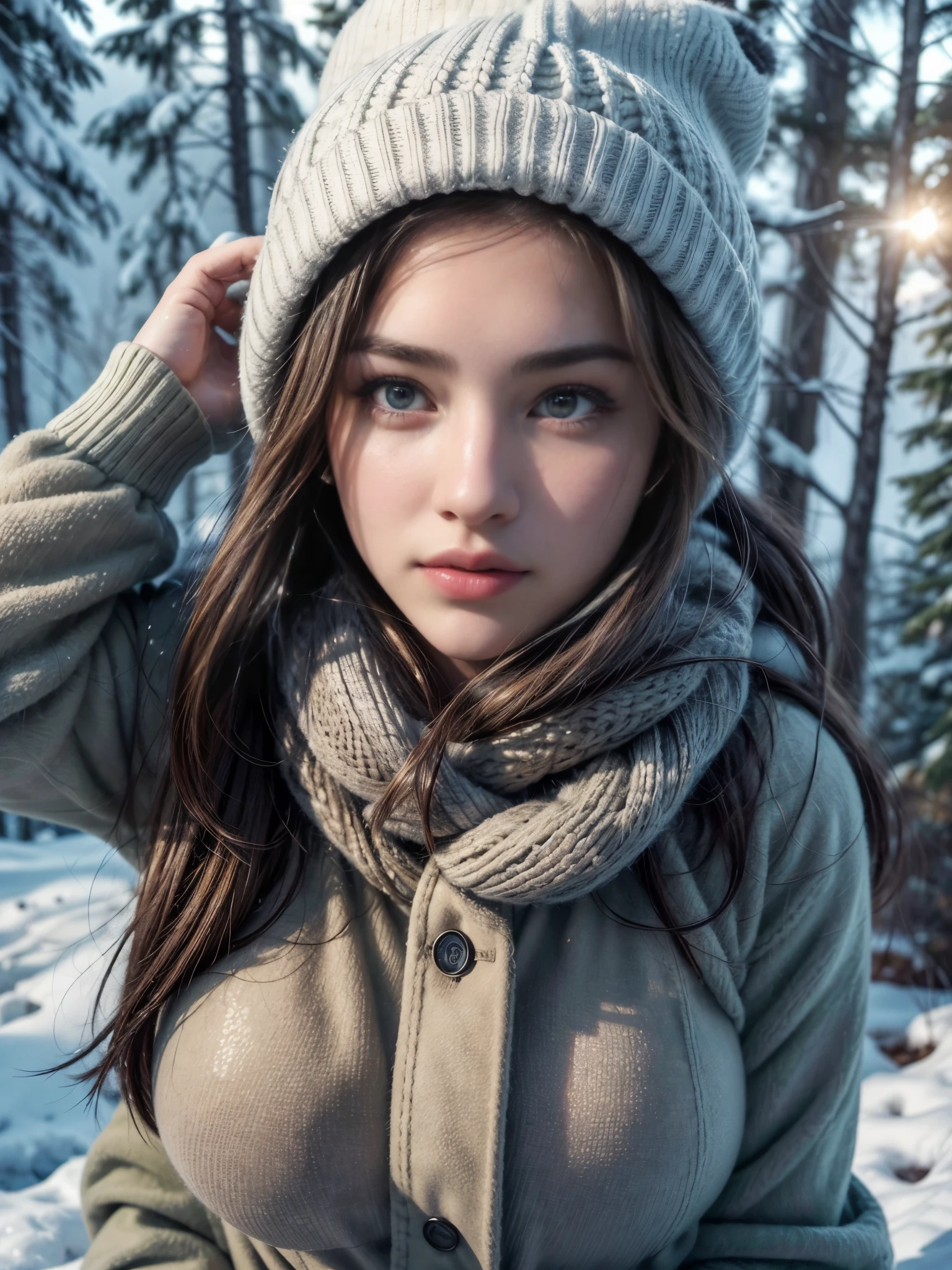 Create a photorealistic image of a captivating American army woman stationed in a winter landscape. 26 years old. Envision her clad in a stylish short top, army pants, and a snug beanie, exuding confidence and resilience against the cold. Large hips, big breasts, hot look. Picture her amidst a snowy terrain, with evergreen trees dusted in snow, and soft flakes falling around her. Capture the essence of her beauty, strength, and determination in this wintry setting. ((Photorealistic: 1.8)), ((High quality: 1.6)), real, absolute reality, realistic, 4k, real face, realistic face, American girl, detailed cloth, georgeous, hot