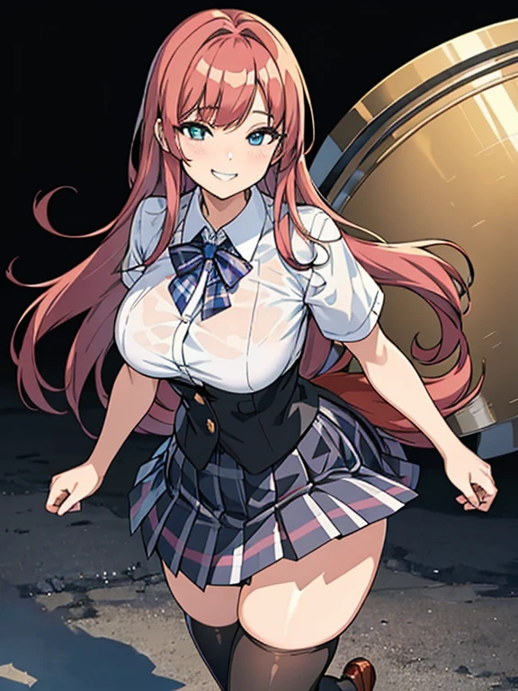 ((highest quality)), ((masterpiece)), (detailed), (Character Focus、breast focus,whole body), Anime 2D Rendering, Realistic young anime woman, Five Fingers, Perfect Face, Beautiful fine details, Beautiful body, Beautiful breasts, Beautiful thighs, ((big breasts))、Beautiful feet, (White beautiful skin), 、One Girl, Redhead、(Side Tail、Black Ribbon), (Black Bra、Black Pants)、((Collared short-sleeved shirt, White shirt, Blue plaid pleated skirt, Blue tie))、(Black knee-high stockings、loafers), Wicked Smile、((Grin))、School、She turns her face and body towards the viewer,A pretty face and a charming smile,Are standing、