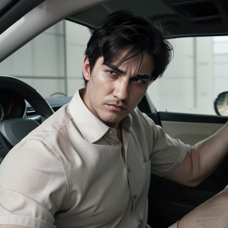a man with office shirt and his sleeve rolled up, he drive in his car in the middle of the night. he have annoyance expression with slight rage and his eyes was sharp but his skin is white and handsome face with smooth skin and his hair is black with casual short hairstyles kinda messy